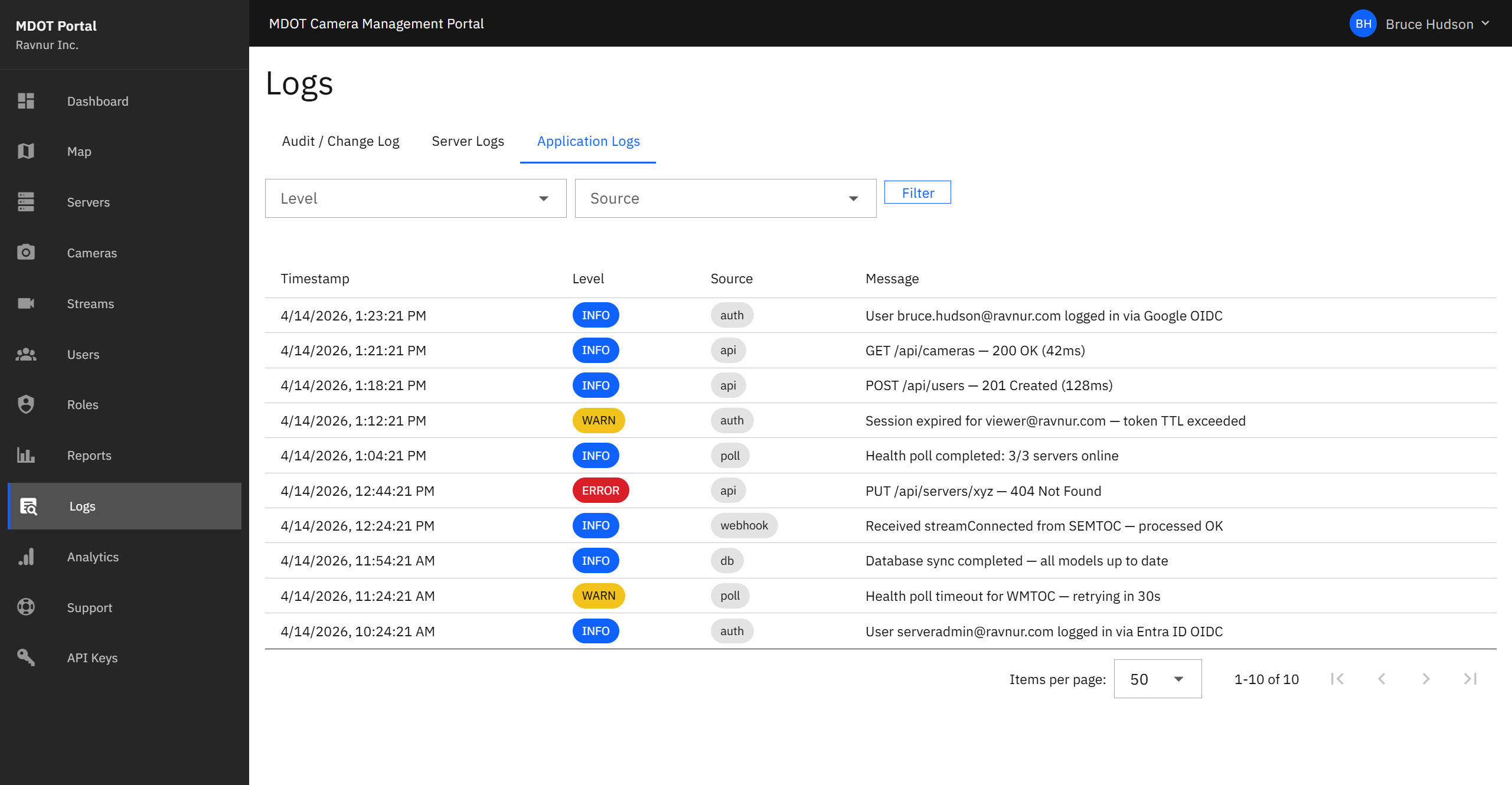 Application Logs showing a table of system events with columns for timestamp, level (info, warning, error), source, and message.